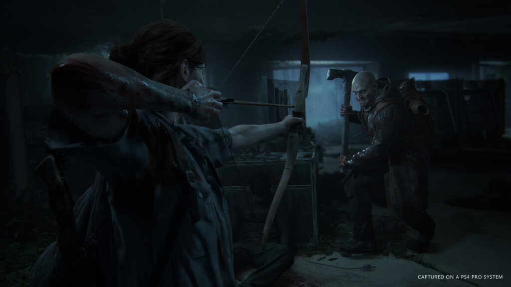 screen capture from a video game, showing a woman drawing a bow on a man charging with an ax in a dark, apocalyptic setting