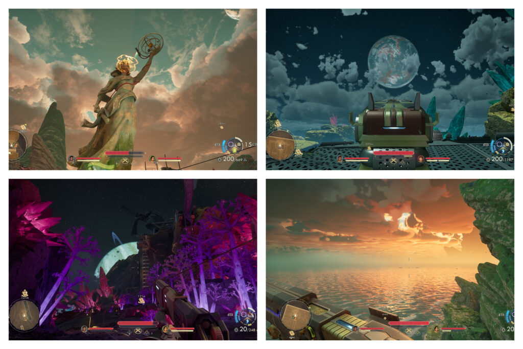 Four images, showing different views of the sky — one pale blue with pink clouds, one at night with the full moon peaking between grey-blue clouds, one at night with a glowing ringed planet behind glowing purple-pink plants, and one glowing sunset over the water.