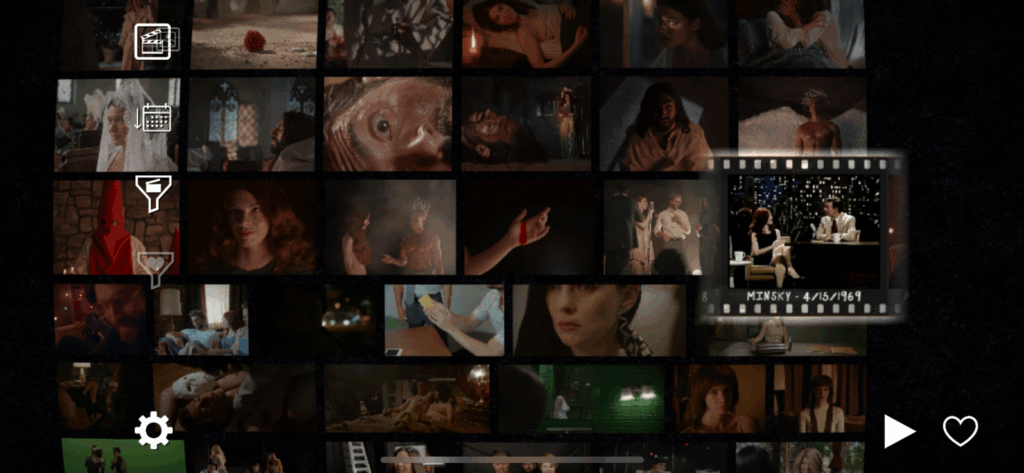 Page for selecting video clips, showing he clips arranged in rows. One clips is highlighted for selection.