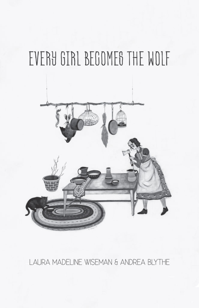 Cover for Every Girl Becomes the Wolf, showing a woman holding an ax in a kitchen, while a cat lounges on a cushion.