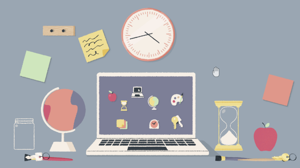 A screenshot from A Little to the Left, showing a bunch of objects on and around a desk, such as a laptop, globe, hourglass, apple, sticky notes, etc. The image uses a simple art style with bright, calming colors.