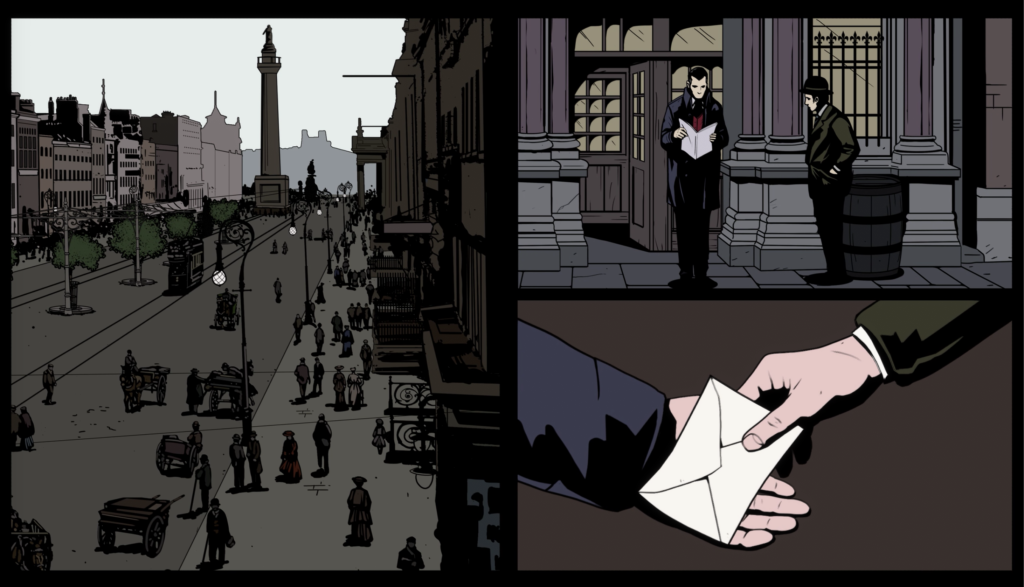 A screenshot from The Séance of Blake Manor showing three panels of images. The first is a view of the bustly streets of Victorian Dublin, Ireland. The second shows a man approaching another man who is reading a newspaper, and the third shows a letter being passed from one to the other. 