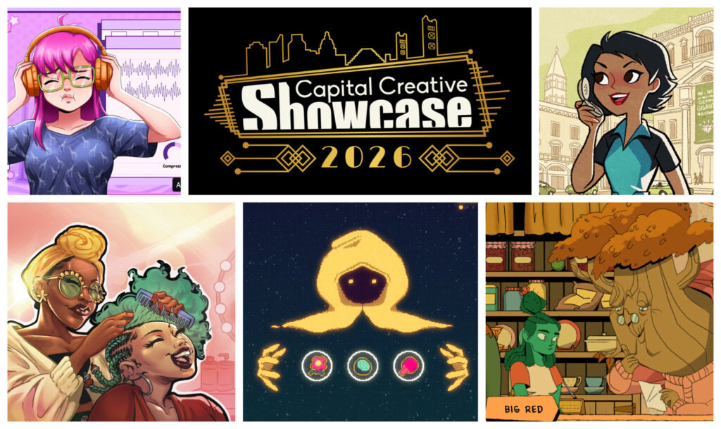A grid of five images, including the logo for the Capital Creative showcase 2026. Around it are images from the games, Wherever You Get Your Podcasts, HerSalon, Fugue Shot, Prickles, and Puzzle Spy International.