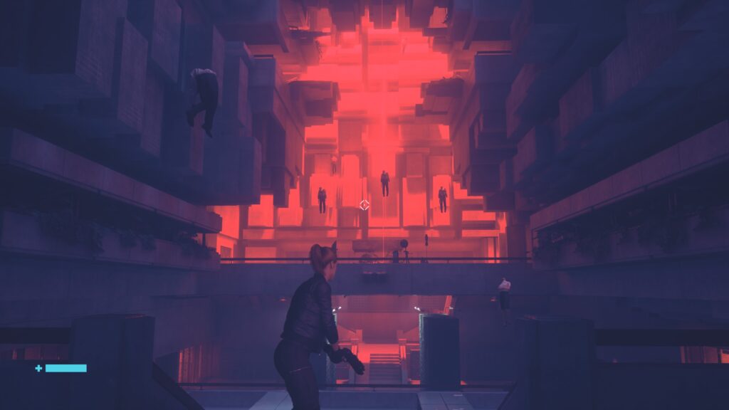 Still from the Control game, showing Jessie holding her gun in preparation for the coming battle. In front of her is a jigsaw looking brutalist room with a red glow in the distance and floating enemies. 