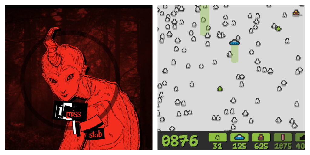 Grid of two images. Left is a red-infused illustration of a dangeous looking siren. Around a circle is a section labeled "stab," which the player missed. Right shows a game with a bunch of little humans being collected by a UFO, with optional upgrades at the bottom of the screen. 