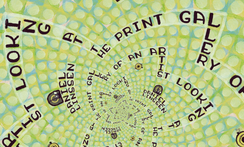 The words, "Looking at the print gallery of an artist," form a fractal spiral, making up the level of this platforming game. Colors are bright blue, green, and yellow and it's in a painterly style. 