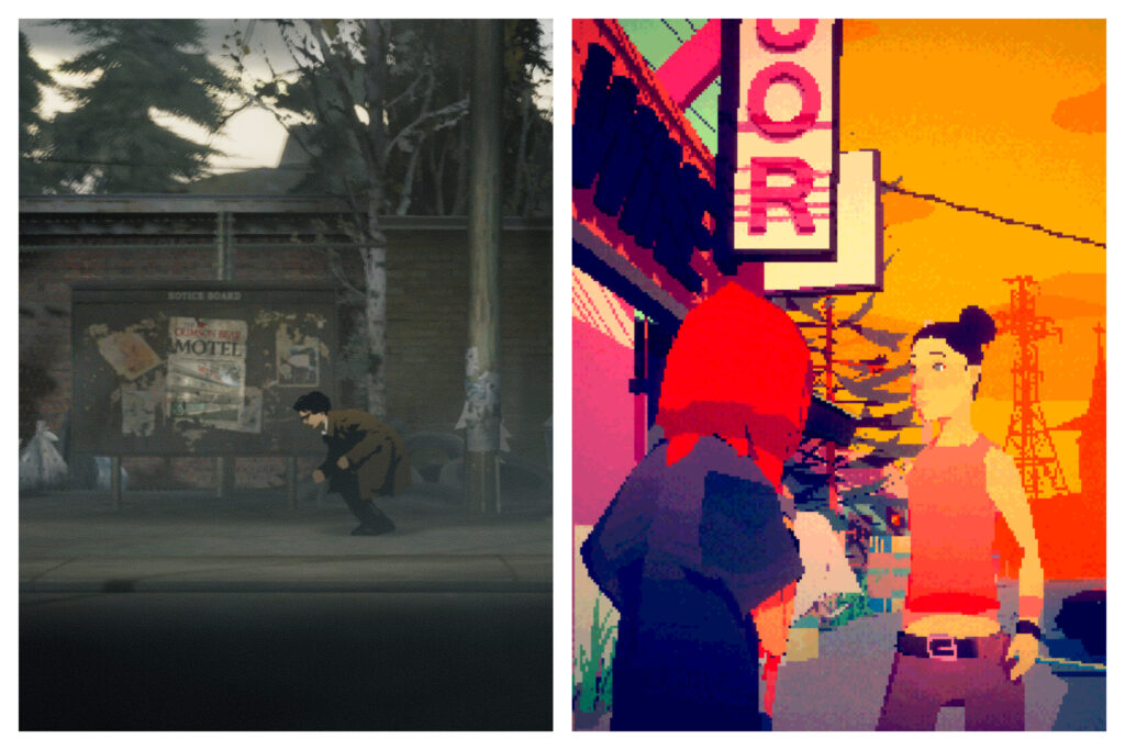 Two game screenshots. Left shows a sepia-toned man digging past a billboard in an illustrative style. Right shows brightly colored pixel art. Two girls stand on a street corner with giant industrial equipment in the background. 