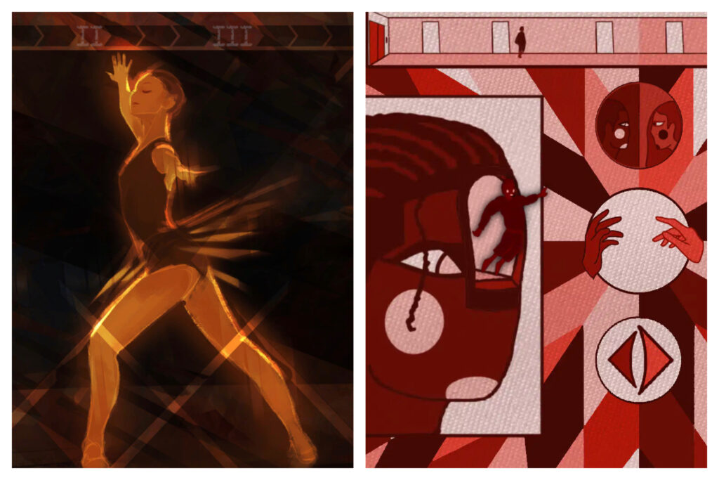 Two game screenshots, showing a ballerina in an impressionist style on the left and a cubist image of a face on the right. 