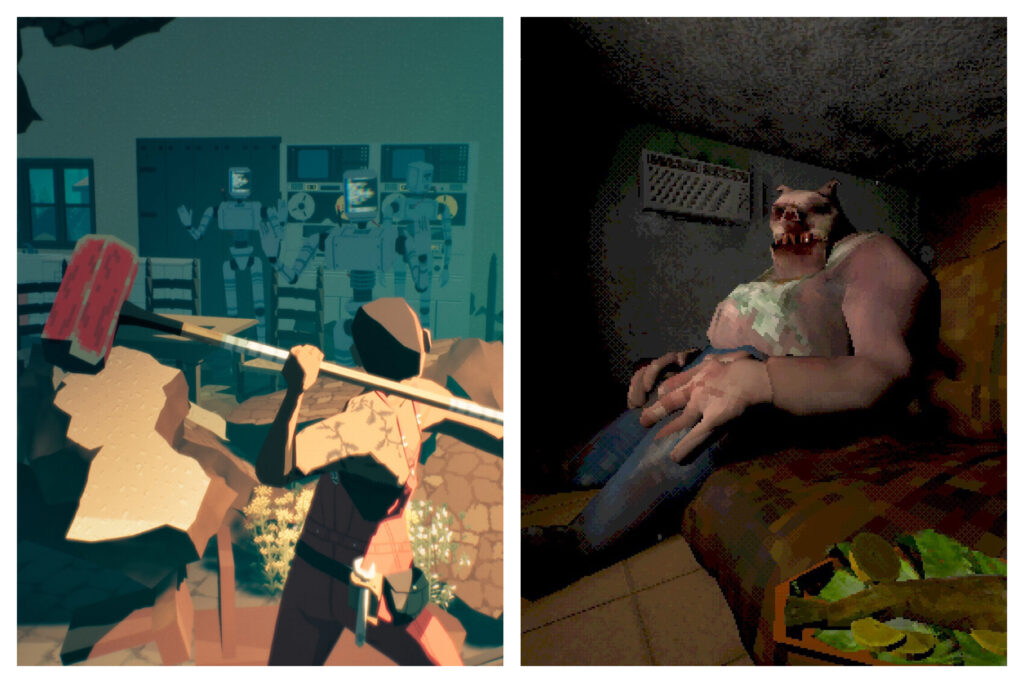 Grid of two game screenshots. Left shows a person in overalls swinging a giant hammer to crash through walls. Right shows a pig-like humanoid creature sitting on a couch watching TV. 