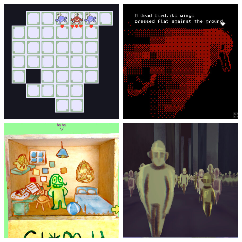 Grid of four video game screenshots, including a top-down grid with two monsters surrounding a third, a hand drawn little figure in a box room, and illustrations of nearly faceless people in a crowd.