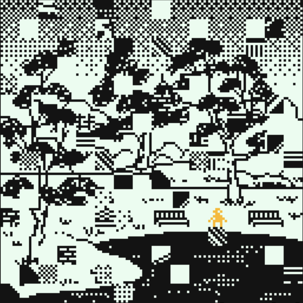 Pixel art showing a fragmented image, representing the fading memory of a person standing beside a pond in a part with benches and trees.  