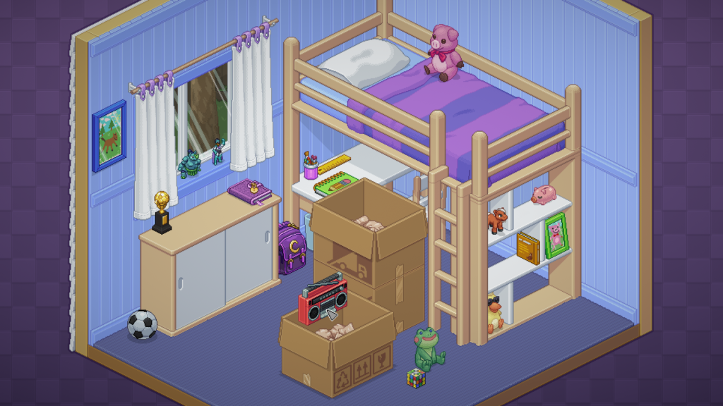 Screenshot from the game Unpacking, showing a bedroom with a bunkbed and a desk underneath. There are several boxes needing to be unpacked. 