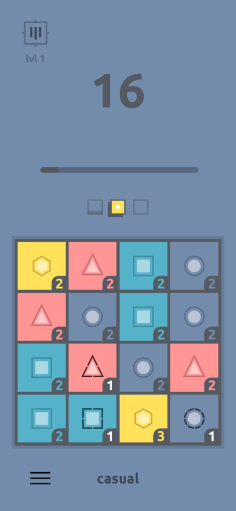 Screenshot from the game finity. A blue screen with a four by four grid of blocks in blue, red, yellow, and teal. It is in a vertical orientation for play on a phone. 