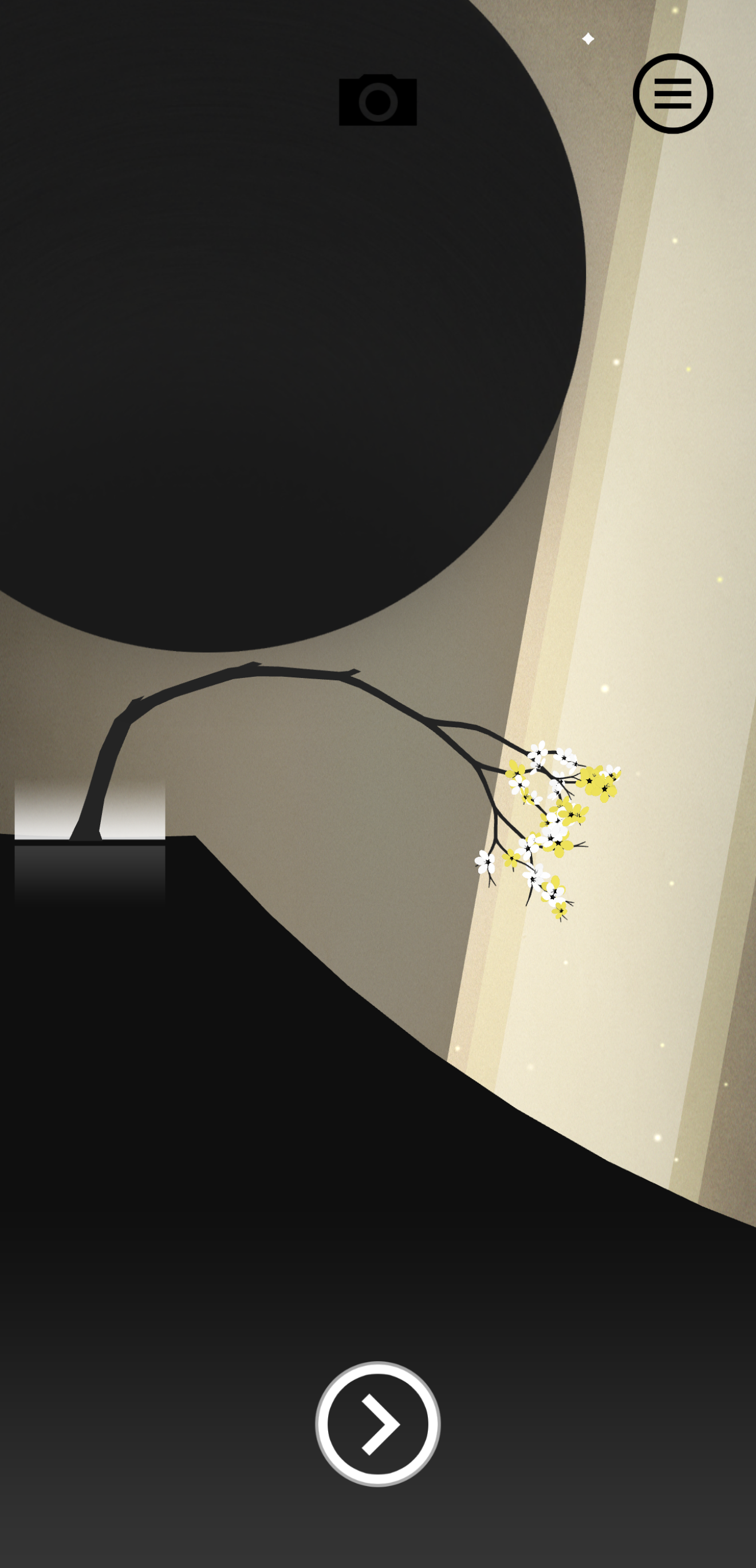 Screenshot from the game Prune. The art involves simple shapes and block colors. At the center shows a plant bending past a boulder toward a beam of light where it blooms yellow and white flowers.